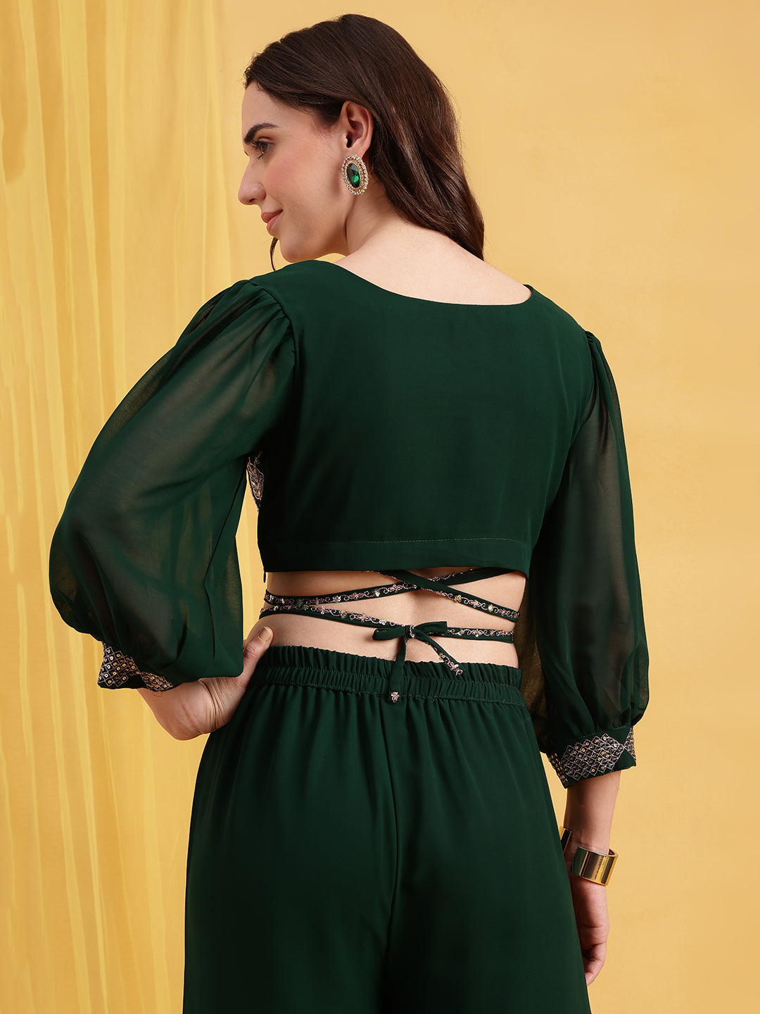 Green Embroidered Crop Top Georgette Stitched Co-Ord Set