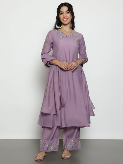 Lavender Solid A-Line Mul-Chanderi Stitched Kurta, Palazzo With Dupatta
