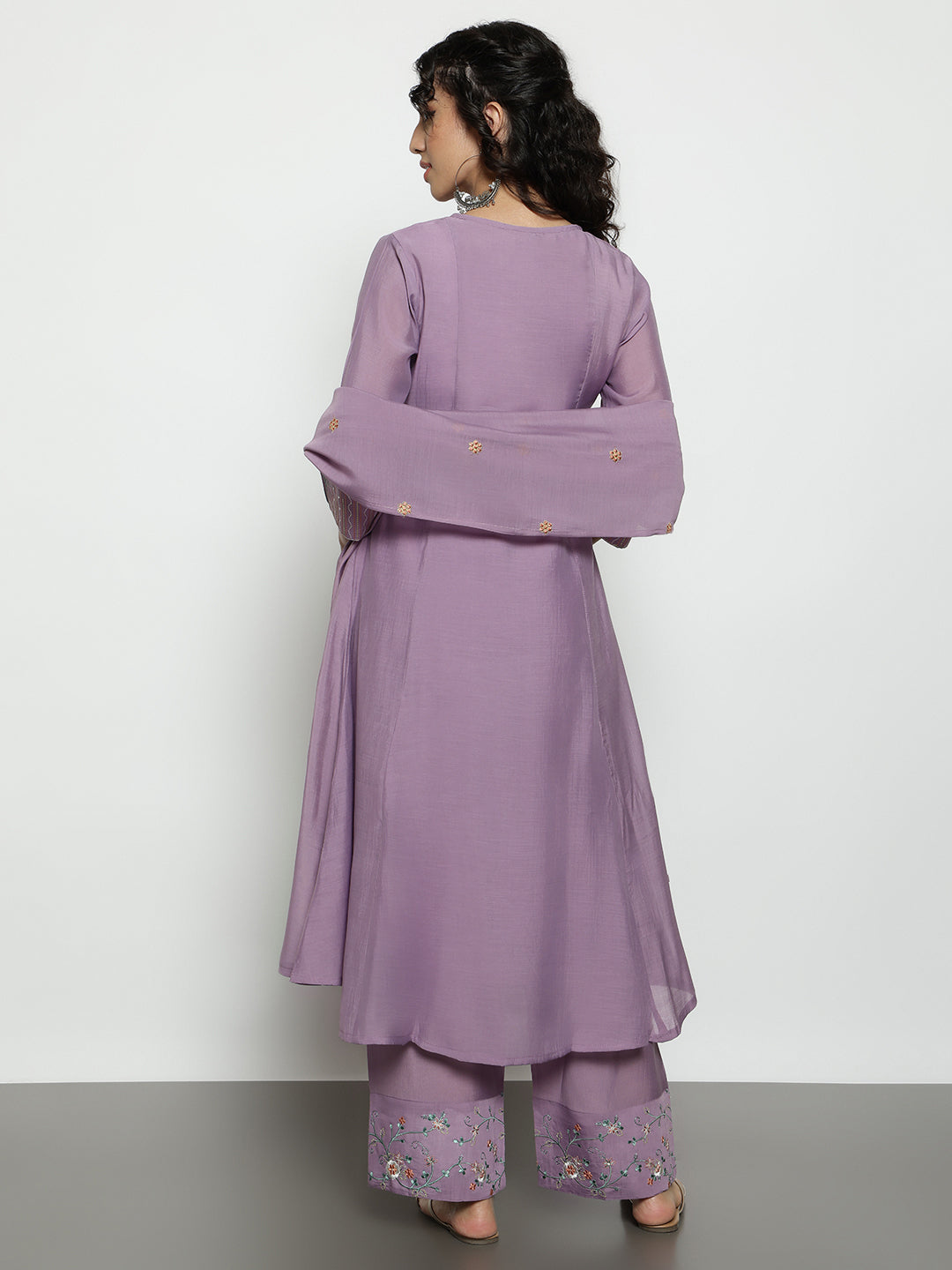 Lavender Solid A-Line Mul-Chanderi Stitched Kurta, Palazzo With Dupatta