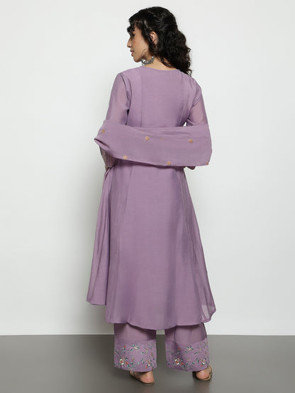 Lavender Solid A-Line Mul-Chanderi Stitched Kurta, Palazzo With Dupatta