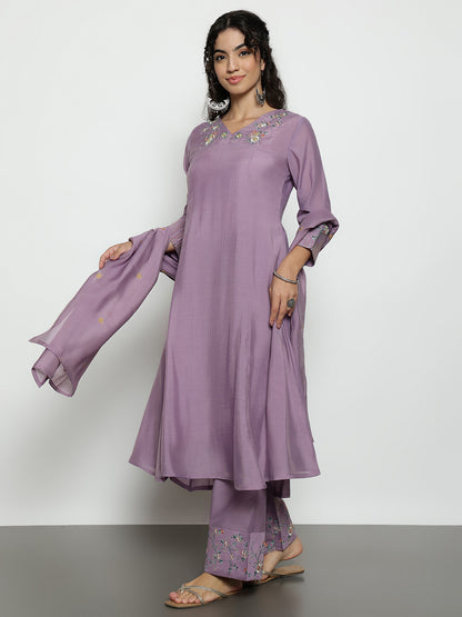 Lavender Solid A-Line Mul-Chanderi Stitched Kurta, Palazzo With Dupatta