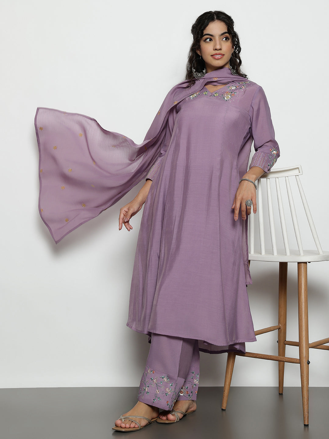 Lavender Solid A-Line Mul-Chanderi Stitched Kurta, Palazzo With Dupatta