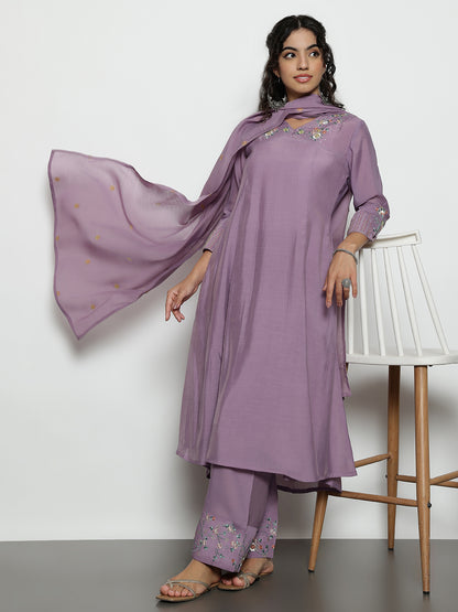 Lavender Solid A-Line Mul-Chanderi Stitched Kurta, Palazzo With Dupatta