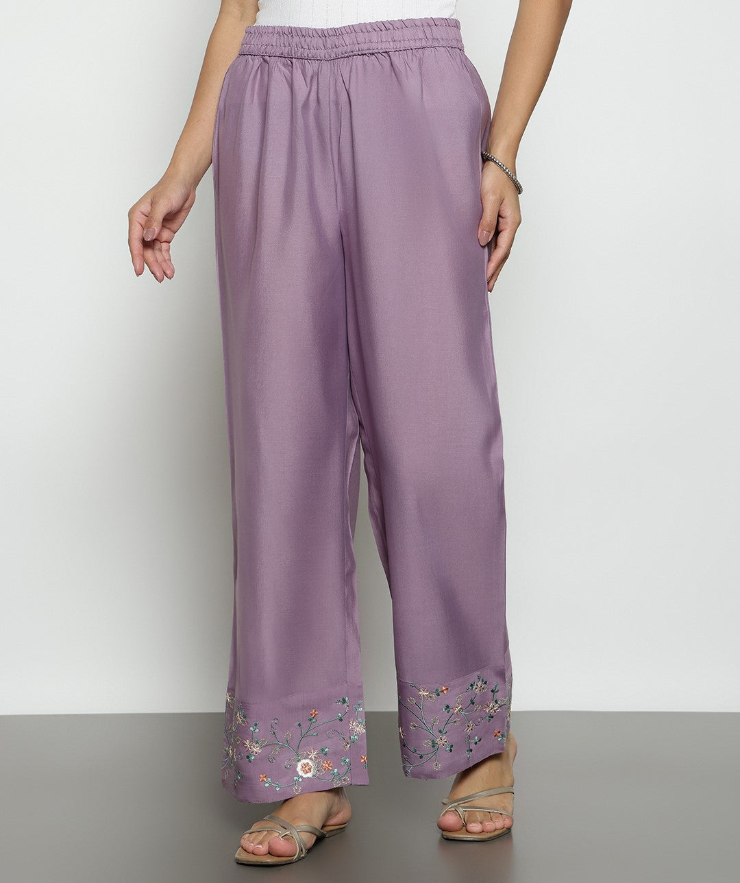 Lavender Solid A-Line Mul-Chanderi Stitched Kurta, Palazzo With Dupatta