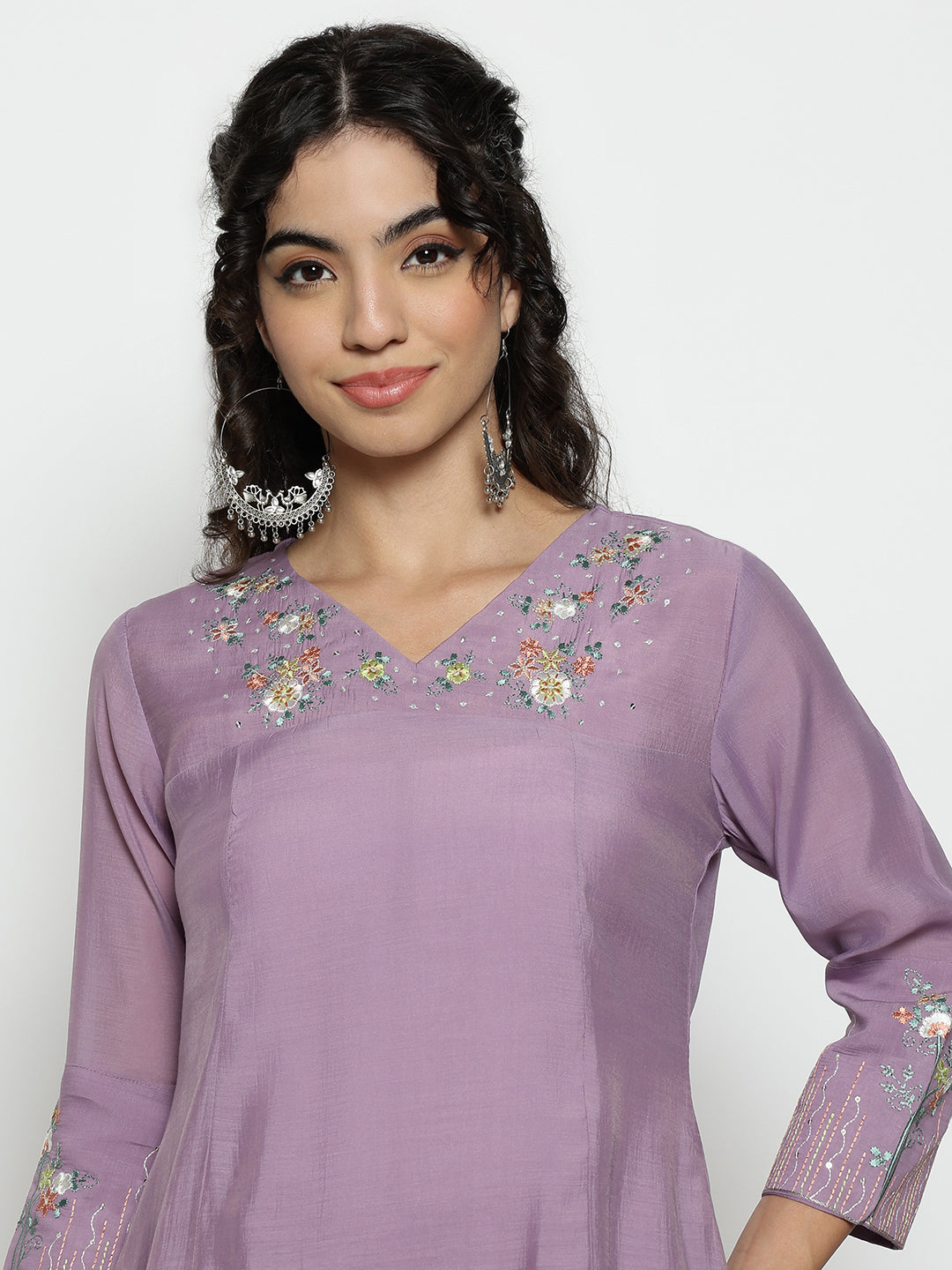 Lavender Solid A-Line Mul-Chanderi Stitched Kurta, Palazzo With Dupatta
