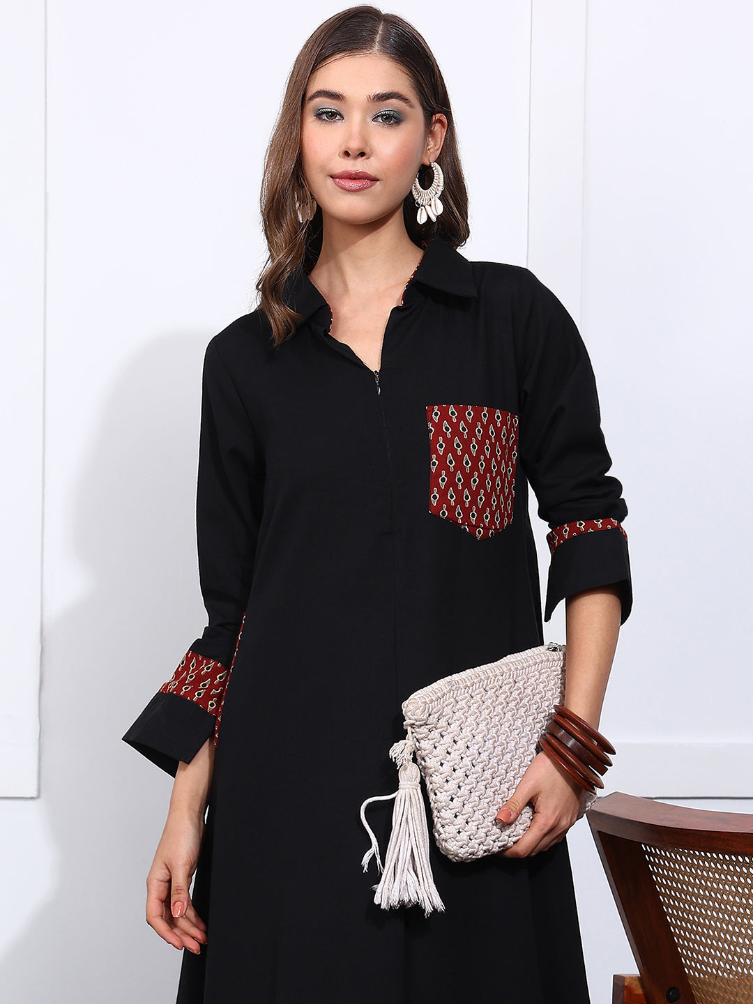 Black Solid Fit & Flare Cotton Stitched Dress