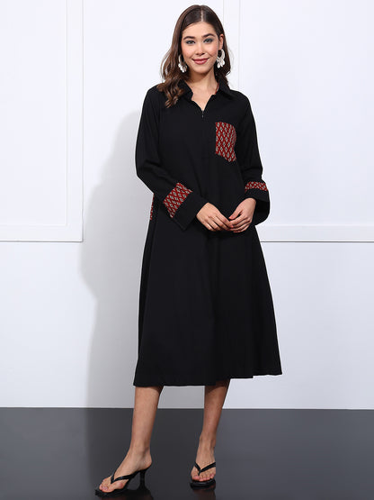 Black Solid Fit & Flare Cotton Stitched Dress