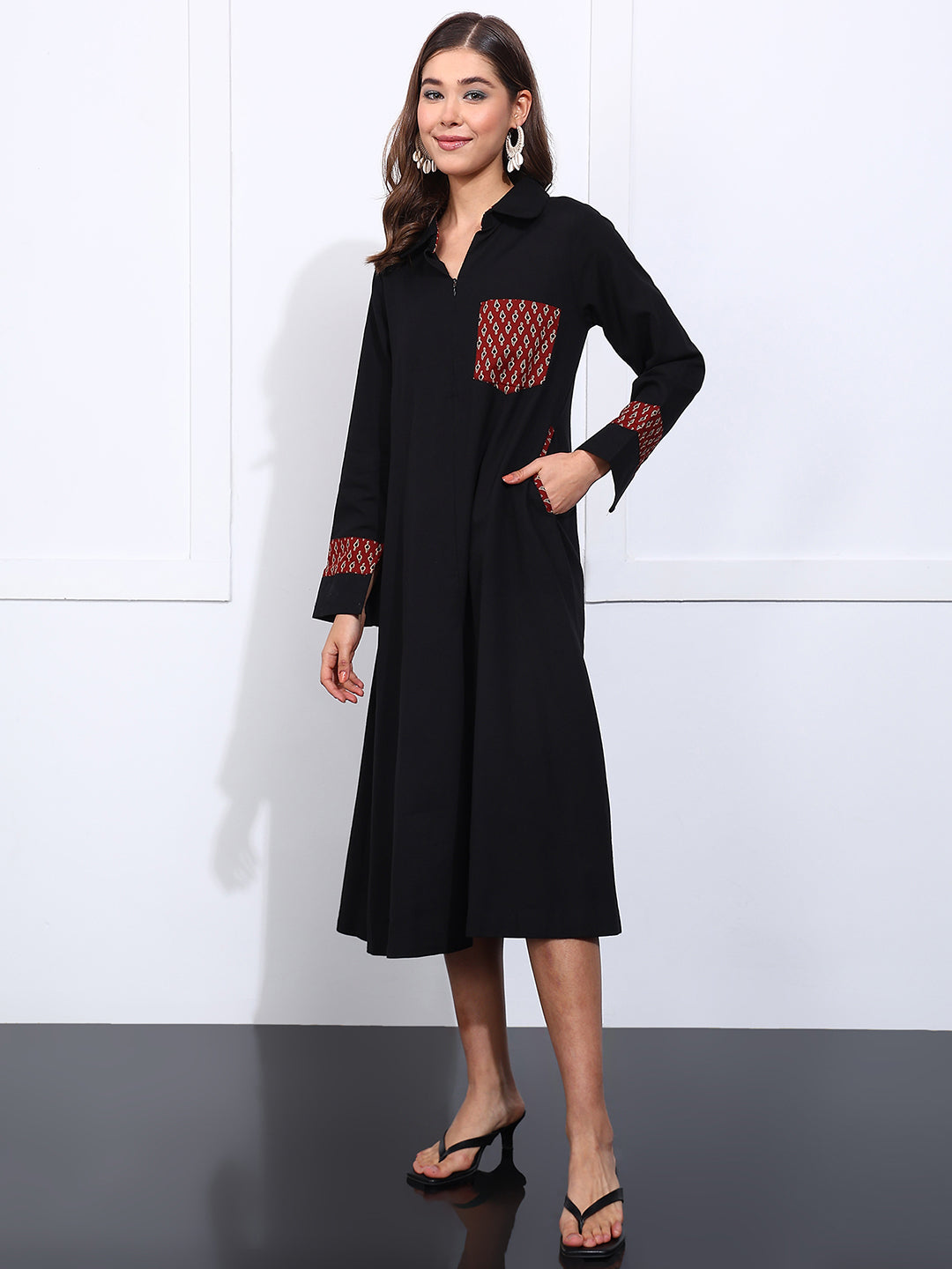 Black Solid Fit & Flare Cotton Stitched Dress