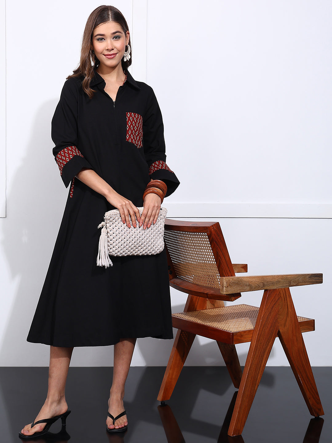 Black Solid Fit & Flare Cotton Stitched Dress