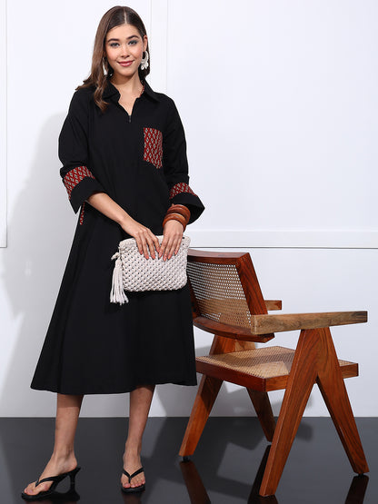 Black Solid Fit & Flare Cotton Stitched Dress