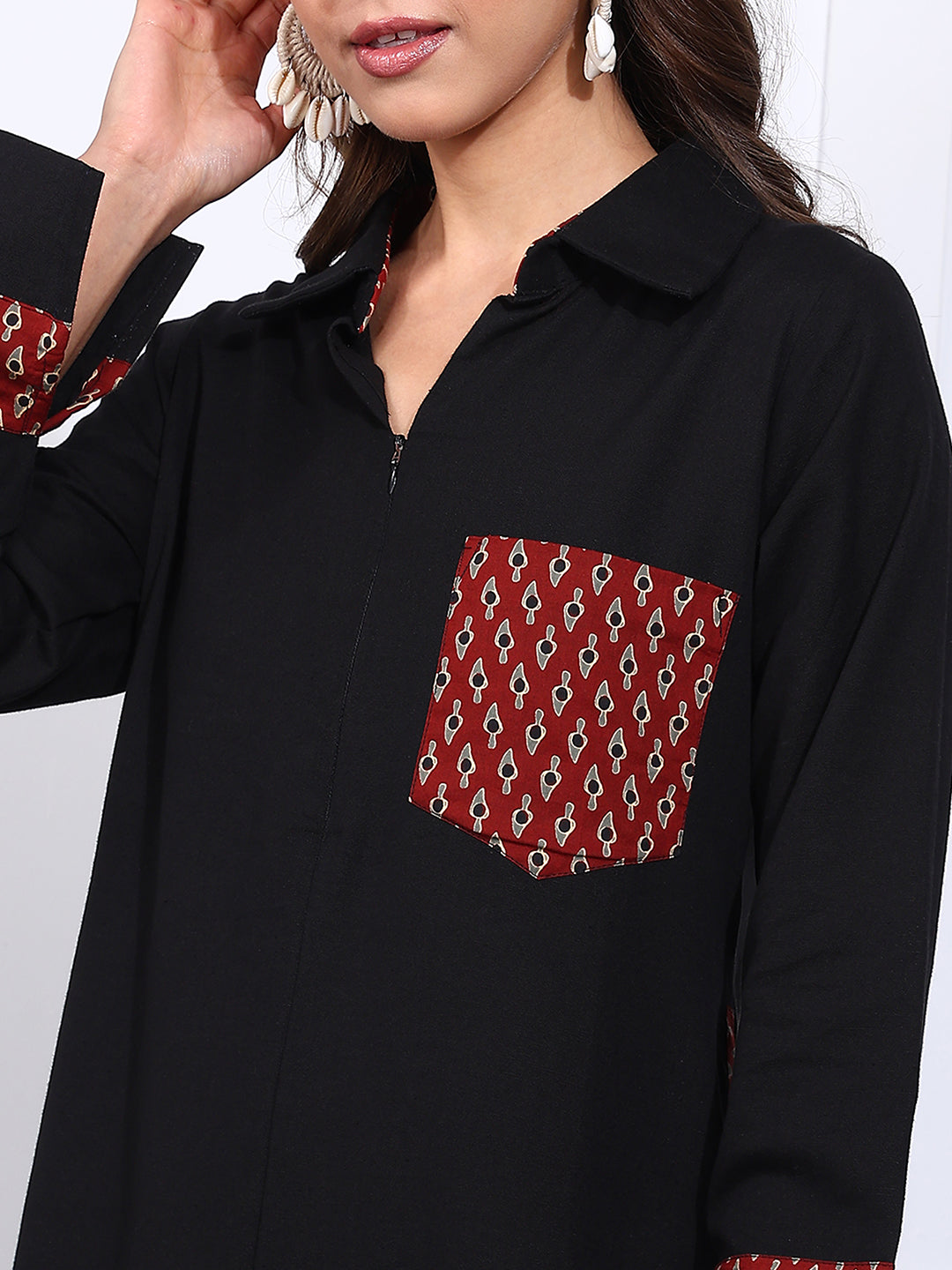 Black Solid Fit & Flare Cotton Stitched Dress