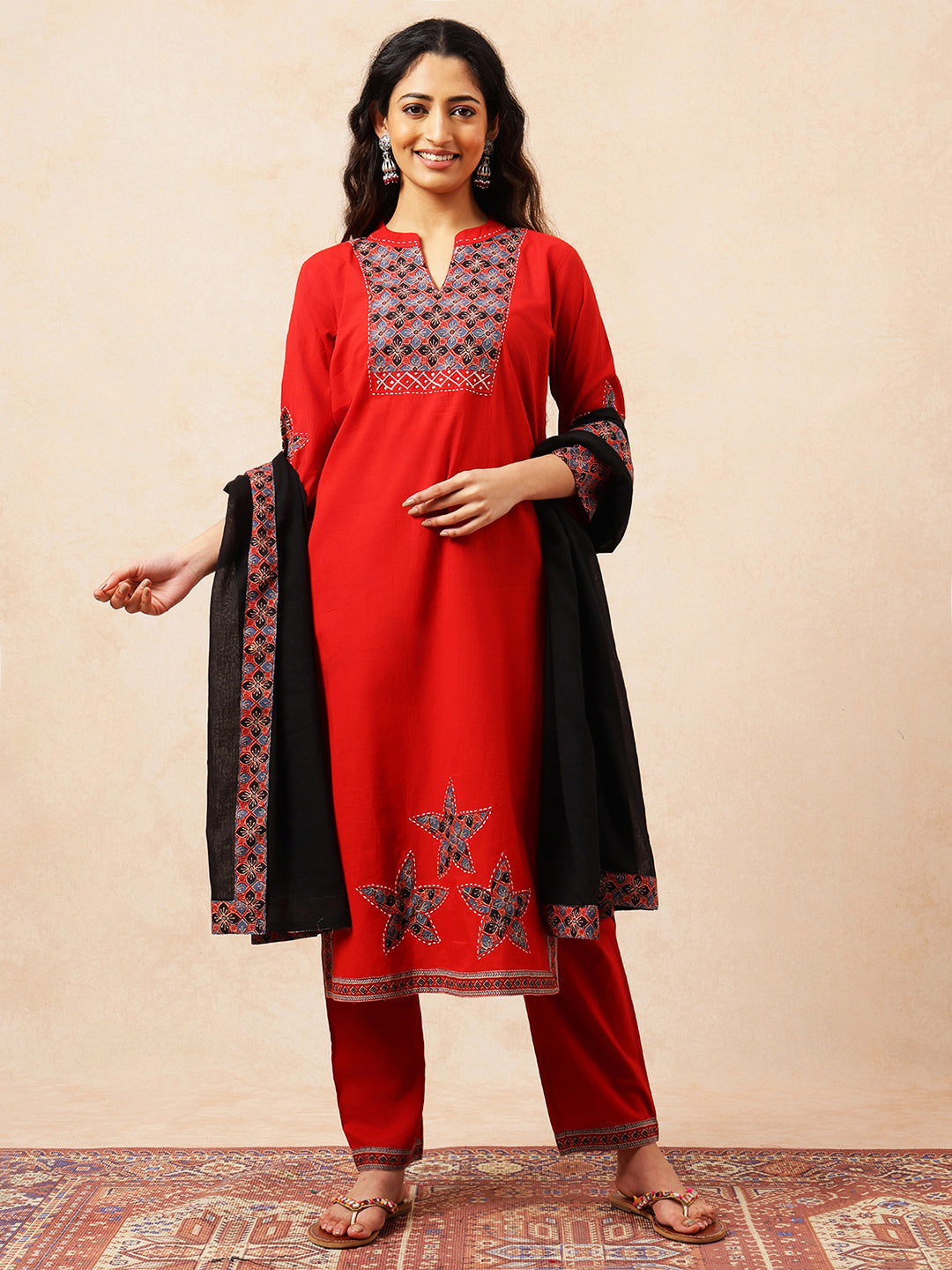 Red Applique Work Straight Cotton Stitched Kurta, Pant With Dupatta