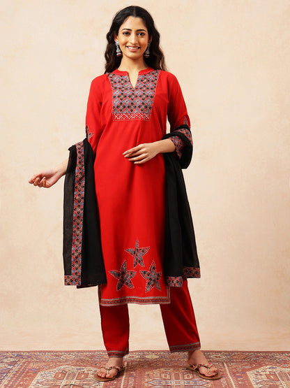 Red Applique Work Straight Cotton Stitched Kurta, Pant With Dupatta