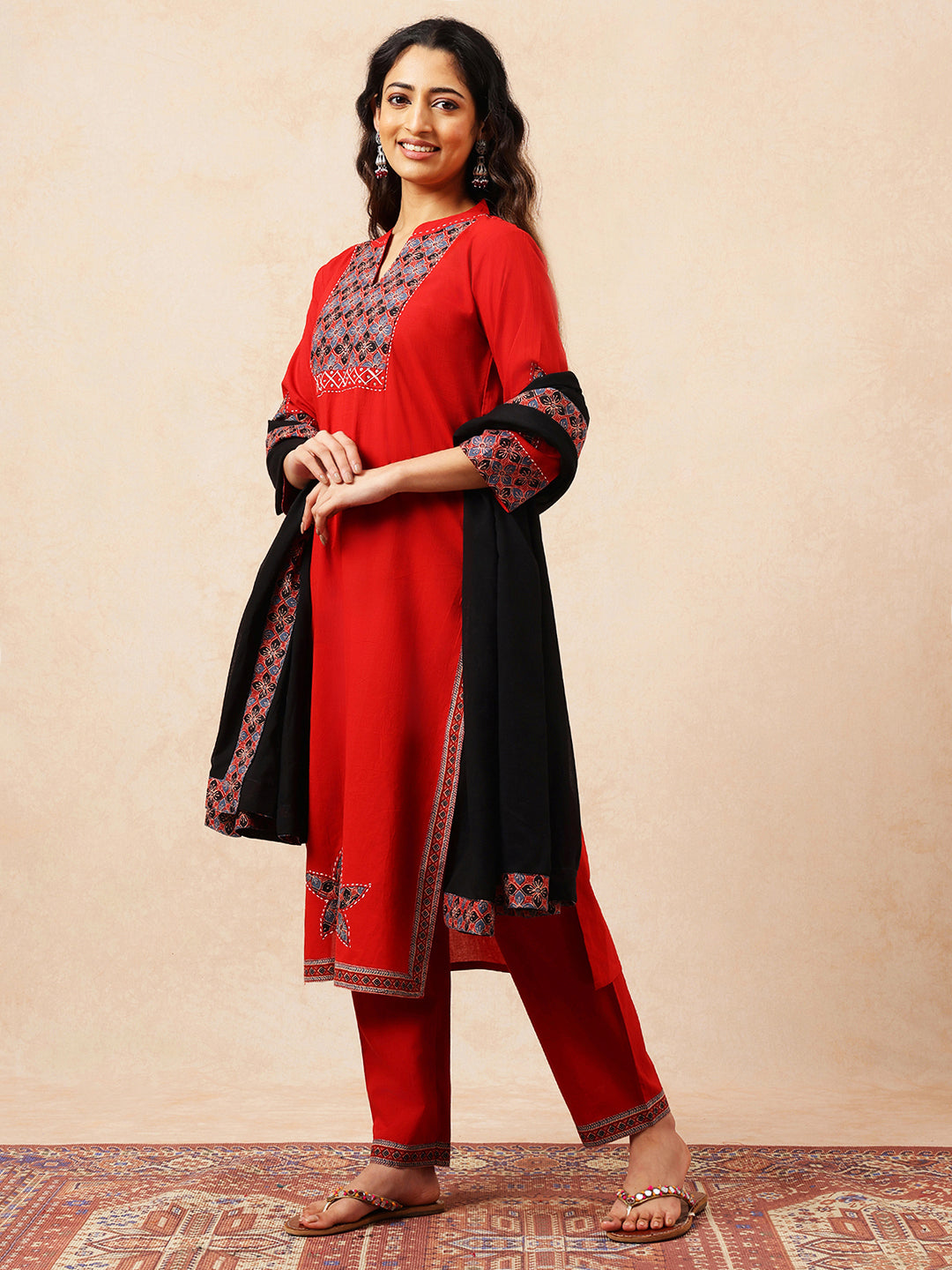 Red Applique Work Straight Cotton Stitched Kurta, Pant With Dupatta