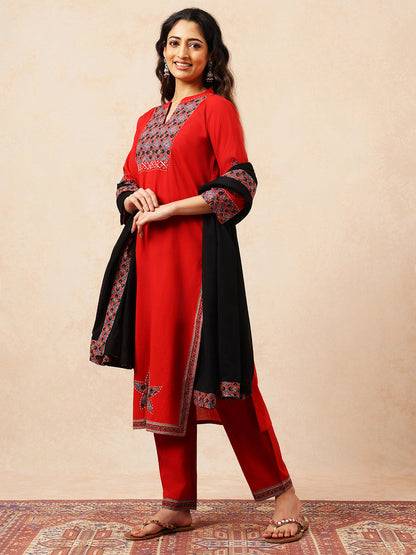 Red Applique Work Straight Cotton Stitched Kurta, Pant With Dupatta