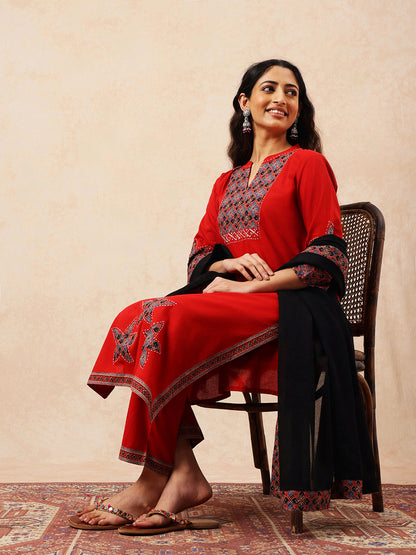 Red Applique Work Straight Cotton Stitched Kurta, Pant With Dupatta
