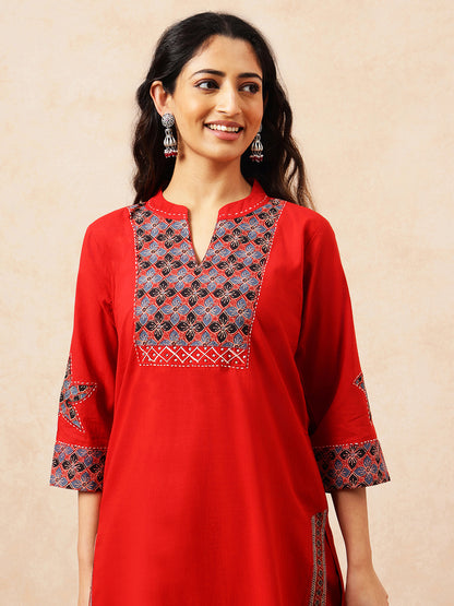 Red Applique Work Straight Cotton Stitched Kurta, Pant With Dupatta