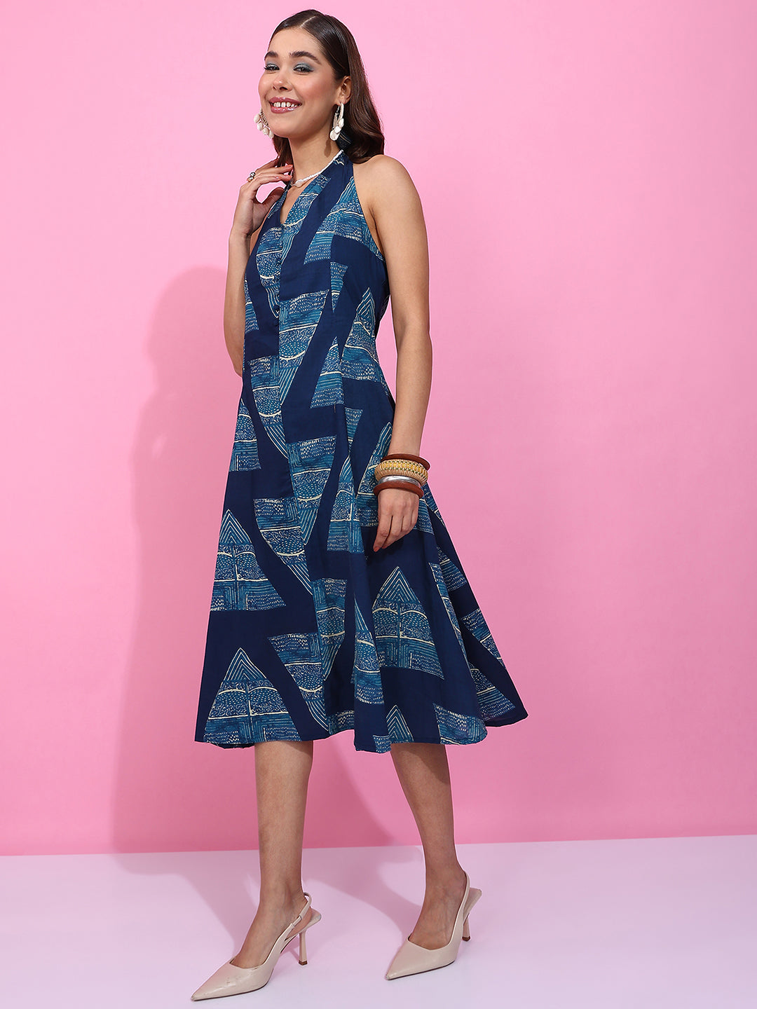 Blue Geometric Print Fit & Flare Cotton Stitched Dress