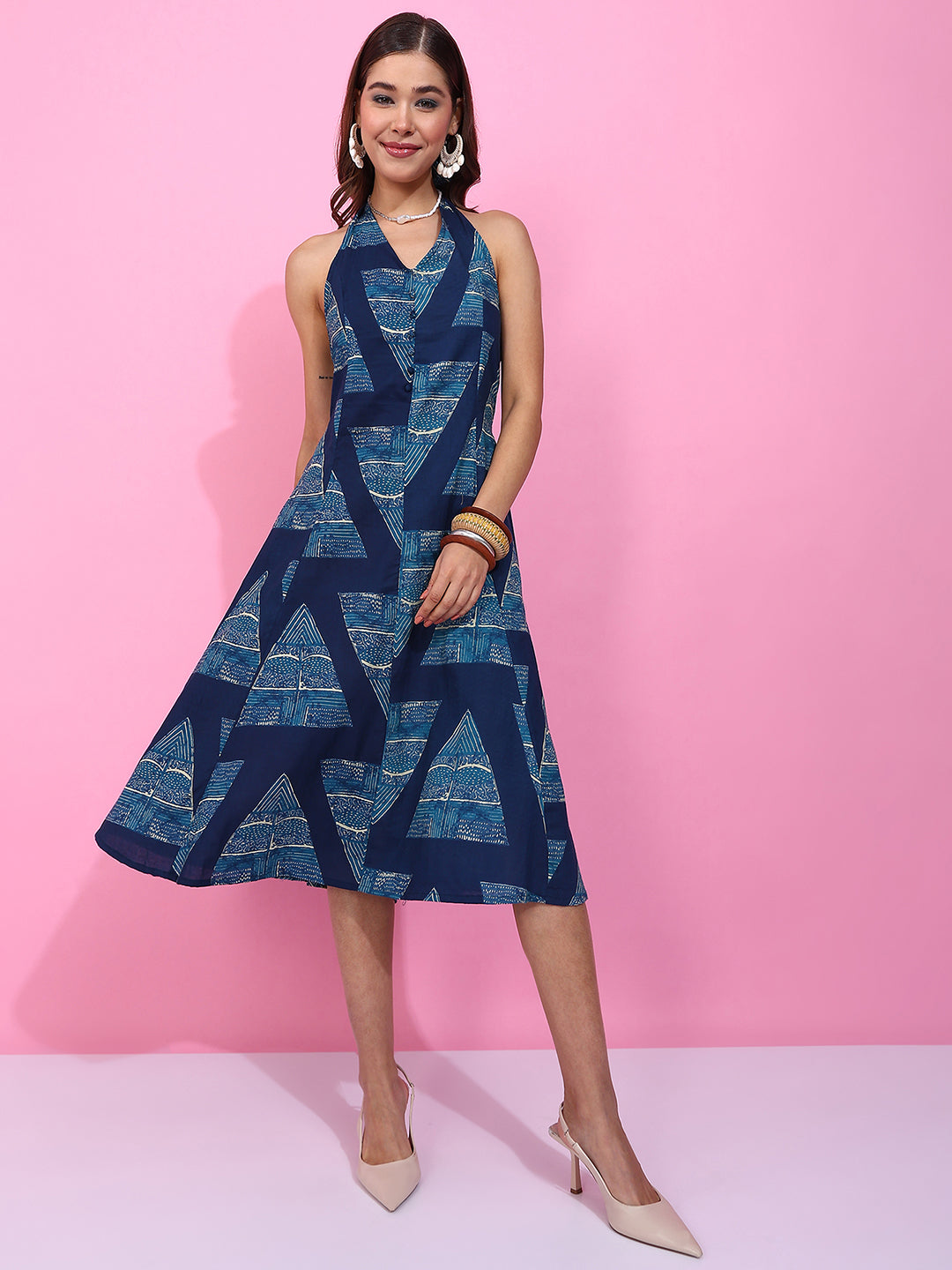 Blue Geometric Print Fit & Flare Cotton Stitched Dress