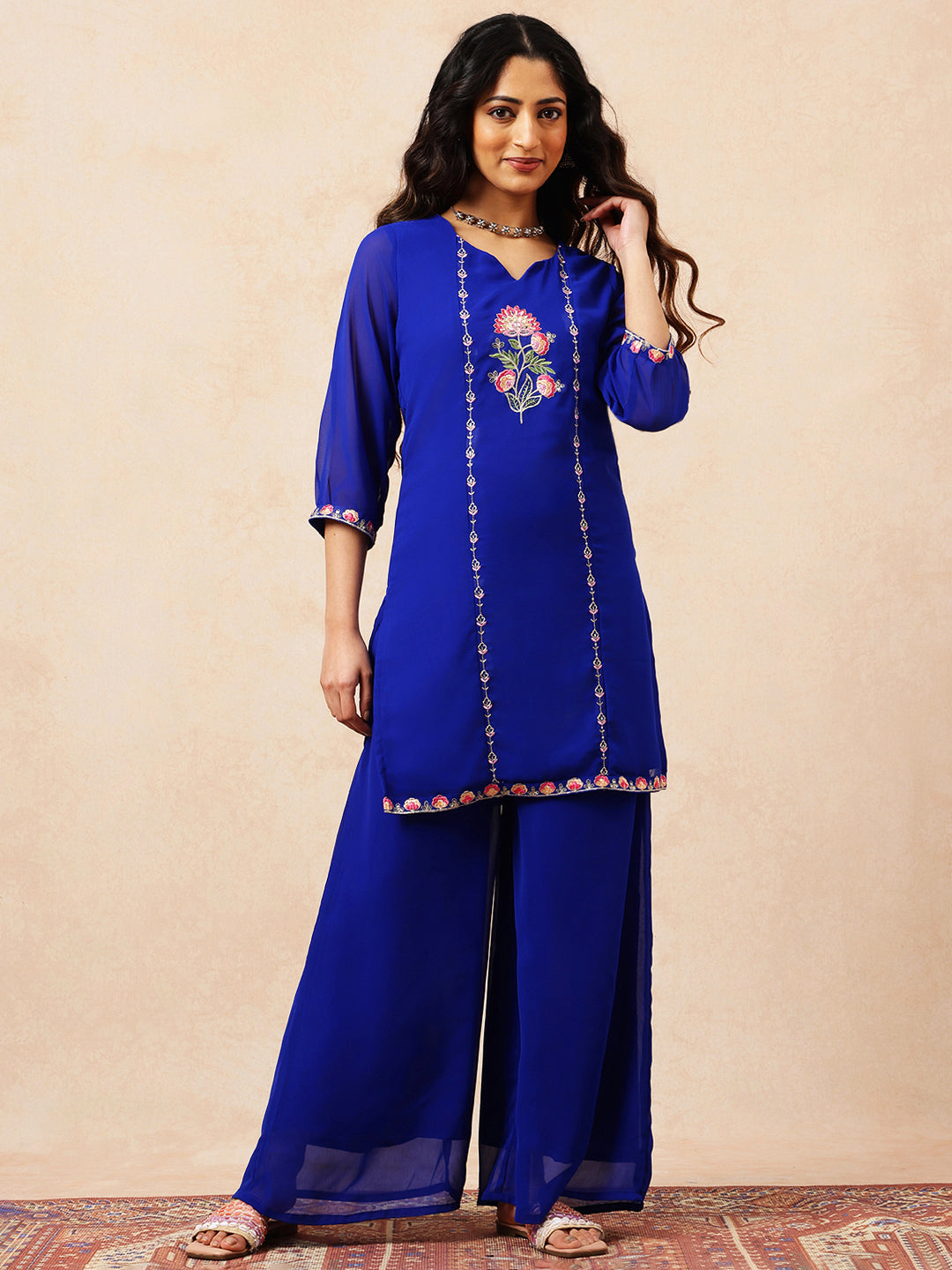 Royal Blue Embroidered Straight Georgette Stitched Top with Plazzo