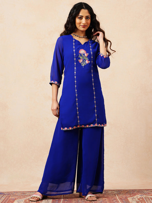 Royal Blue Embroidered Straight Georgette Stitched Top with Plazzo