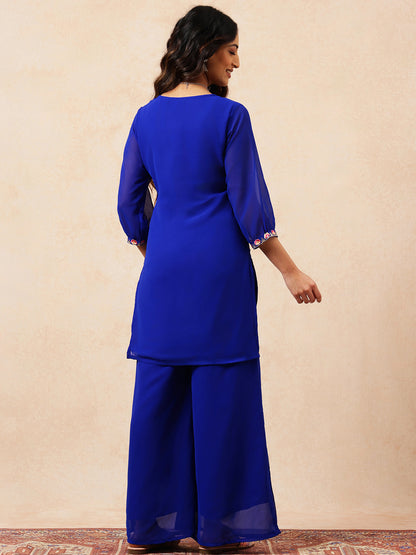Royal Blue Embroidered Straight Georgette Stitched Top with Plazzo