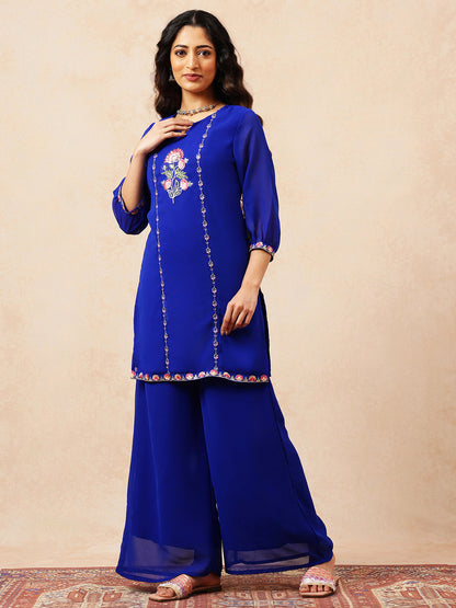 Royal Blue Embroidered Straight Georgette Stitched Top with Plazzo