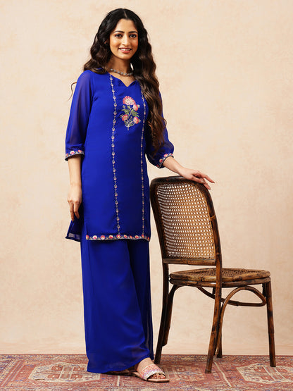 Royal Blue Embroidered Straight Georgette Stitched Top with Plazzo