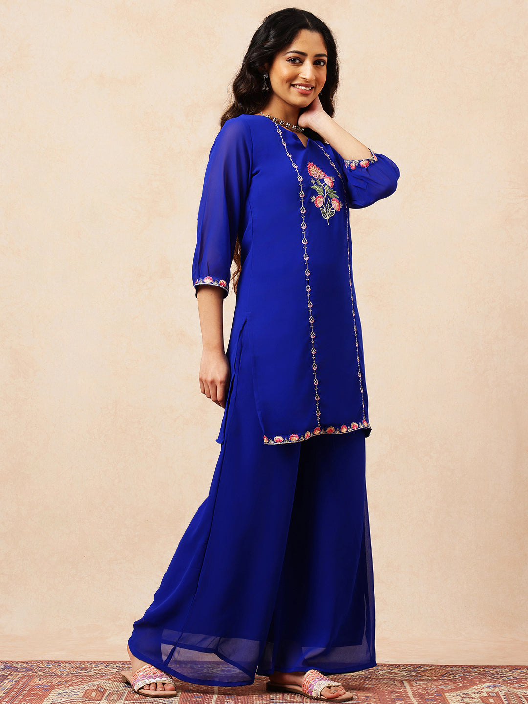 Royal Blue Embroidered Straight Georgette Stitched Top with Plazzo