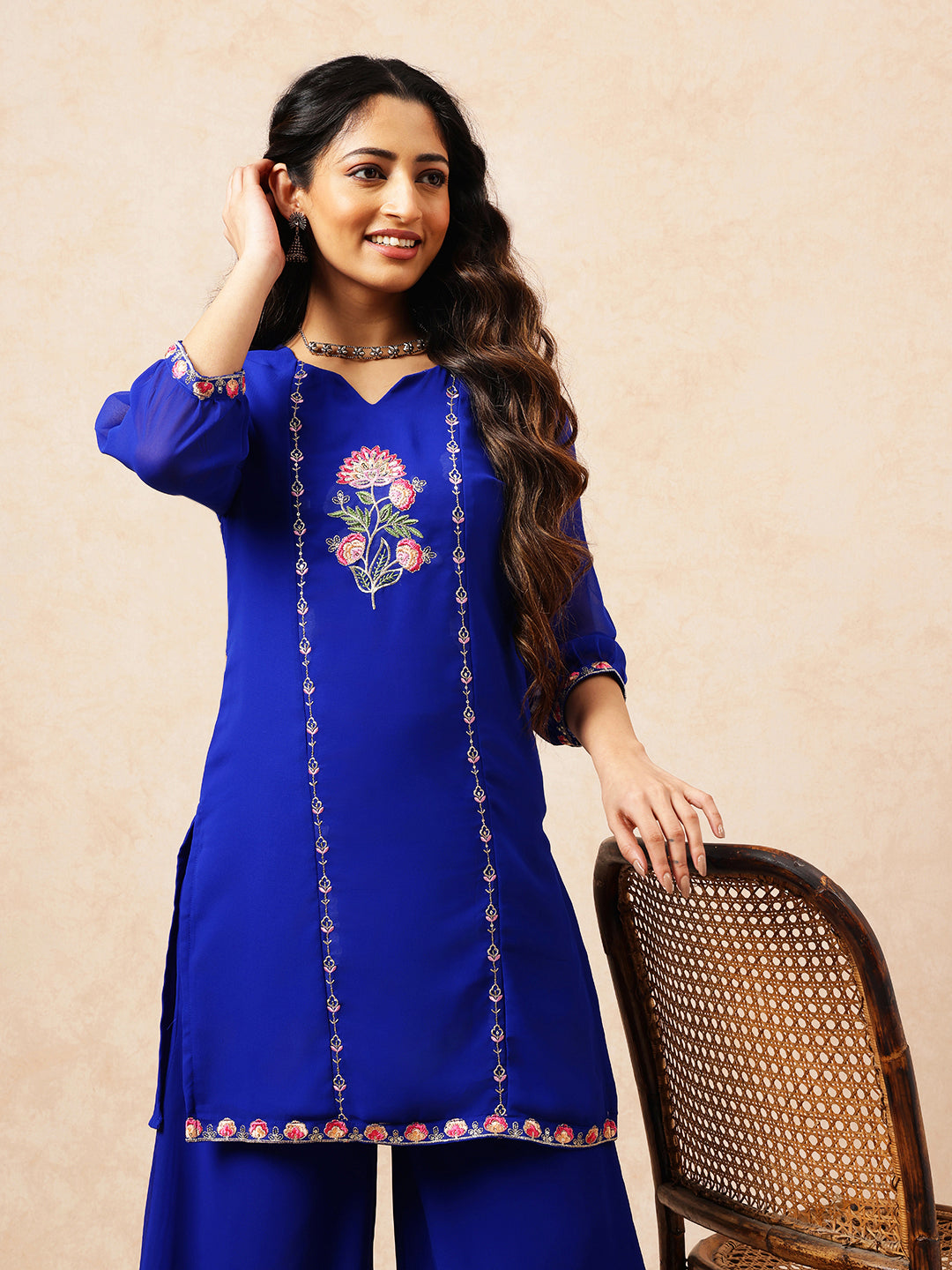 Royal Blue Embroidered Straight Georgette Stitched Top with Plazzo