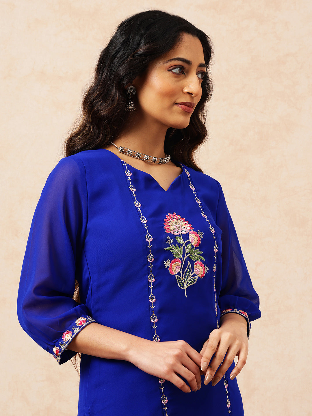 Royal Blue Embroidered Straight Georgette Stitched Top with Plazzo