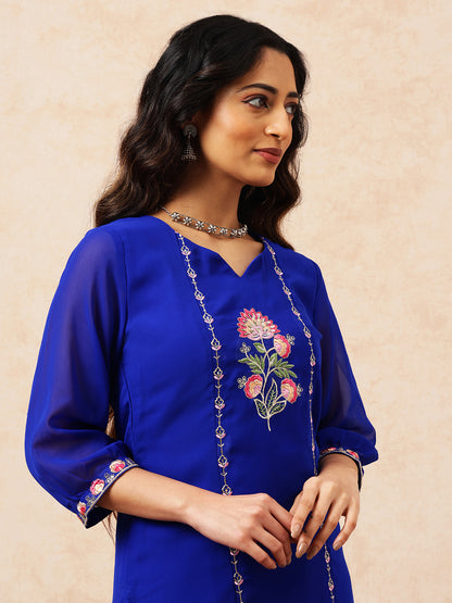 Royal Blue Embroidered Straight Georgette Stitched Top with Plazzo