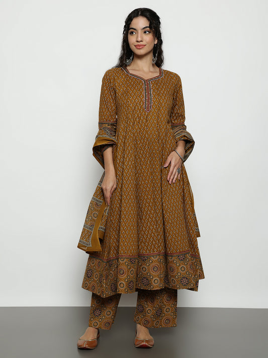 Mustard Ajrak Anarakali Cotton Stitched Kurta, Palazzo With Dupatta