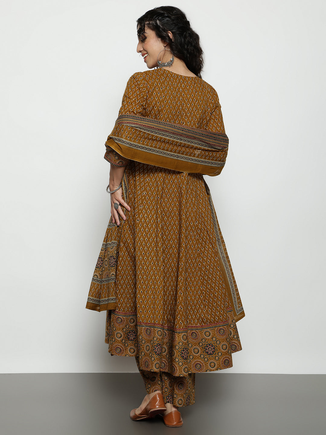 Mustard Ajrak Anarakali Cotton Stitched Kurta, Palazzo With Dupatta