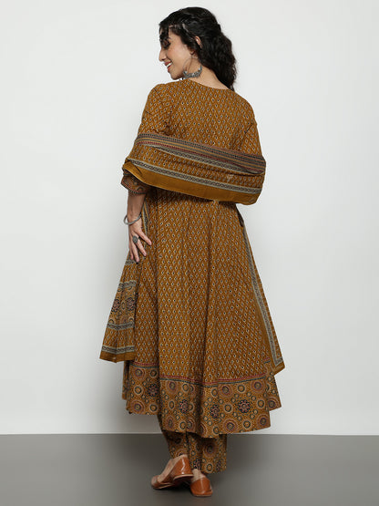 Mustard Ajrak Anarakali Cotton Stitched Kurta, Palazzo With Dupatta