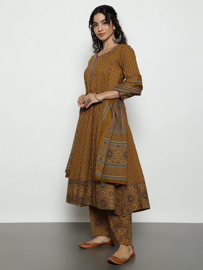 Mustard Ajrak Anarakali Cotton Stitched Kurta, Palazzo With Dupatta