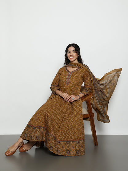 Mustard Ajrak Anarakali Cotton Stitched Kurta, Palazzo With Dupatta