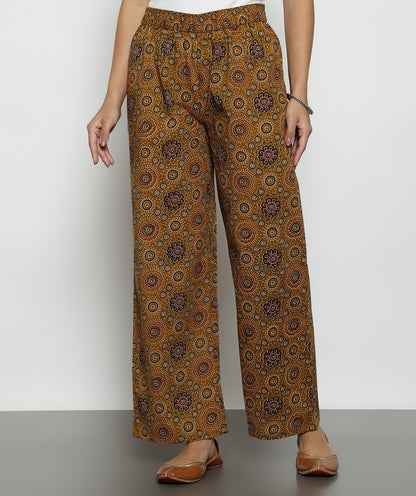Mustard Ajrak Anarakali Cotton Stitched Kurta, Palazzo With Dupatta