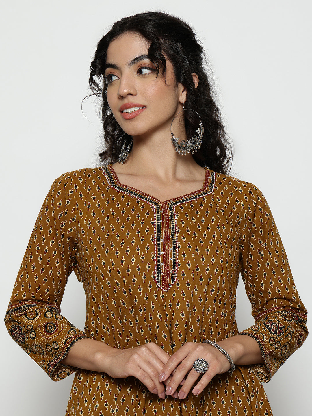 Mustard Ajrak Anarakali Cotton Stitched Kurta, Palazzo With Dupatta