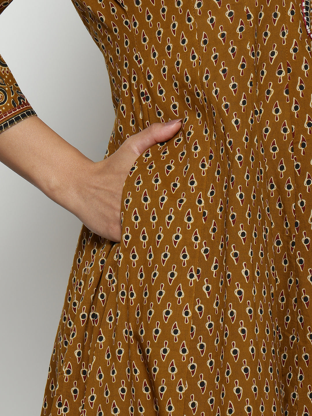 Mustard Ajrak Anarakali Cotton Stitched Kurta, Palazzo With Dupatta