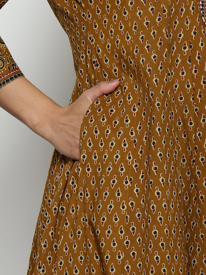 Mustard Ajrak Anarakali Cotton Stitched Kurta, Palazzo With Dupatta
