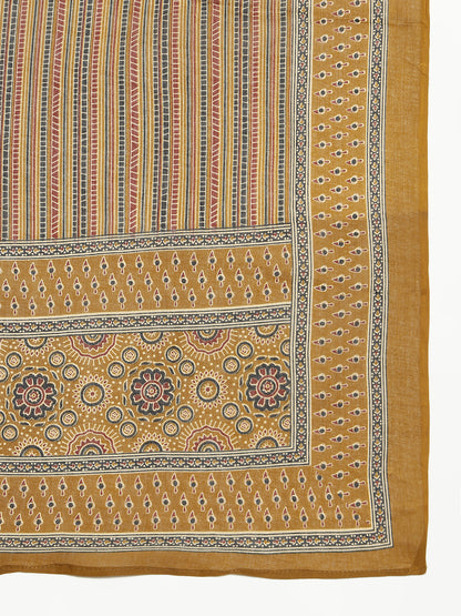Mustard Ajrak Anarakali Cotton Stitched Kurta, Palazzo With Dupatta