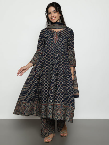 Navy Blue Ajrak Anarakali Cotton Stitched Kurta, Palazzo With Dupatta