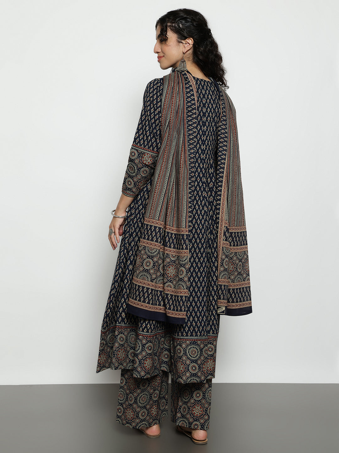 Navy Blue Ajrak Anarakali Cotton Stitched Kurta, Palazzo With Dupatta