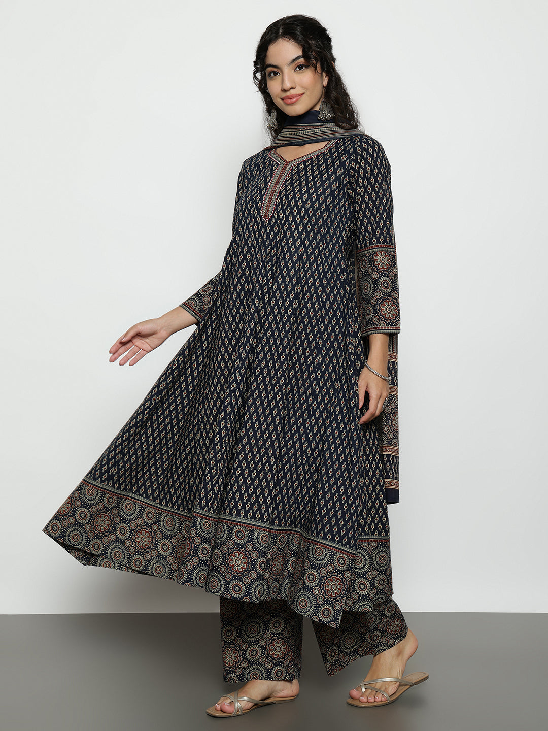Navy Blue Ajrak Anarakali Cotton Stitched Kurta, Palazzo With Dupatta