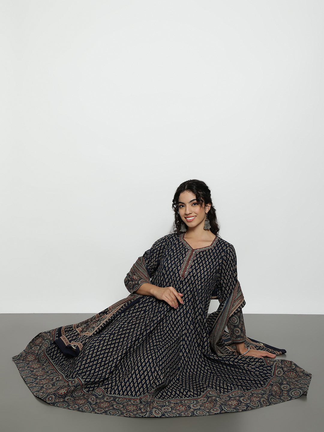 Navy Blue Ajrak Anarakali Cotton Stitched Kurta, Palazzo With Dupatta