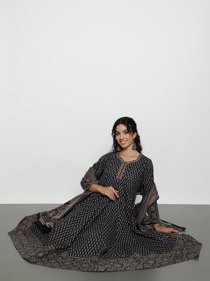 Navy Blue Ajrak Anarakali Cotton Stitched Kurta, Palazzo With Dupatta