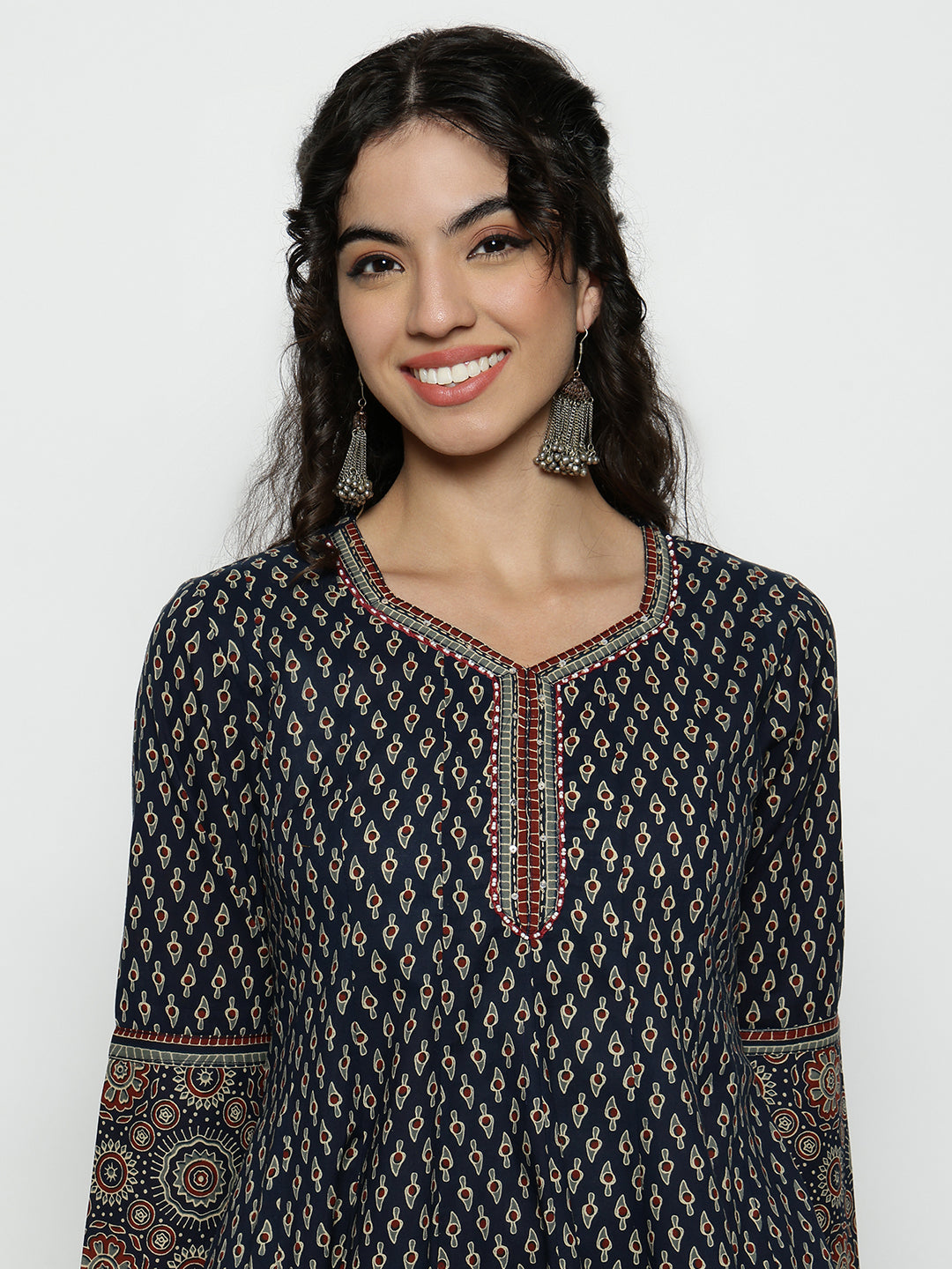 Navy Blue Ajrak Anarakali Cotton Stitched Kurta, Palazzo With Dupatta