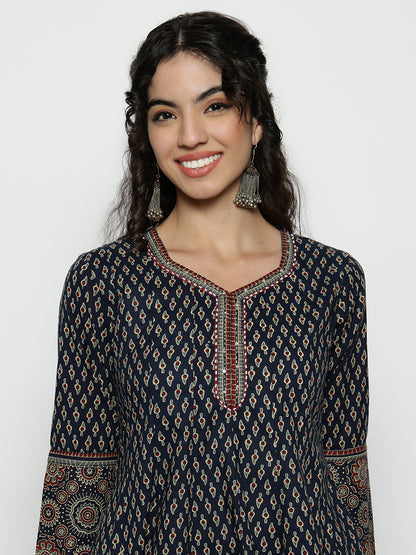 Navy Blue Ajrak Anarakali Cotton Stitched Kurta, Palazzo With Dupatta