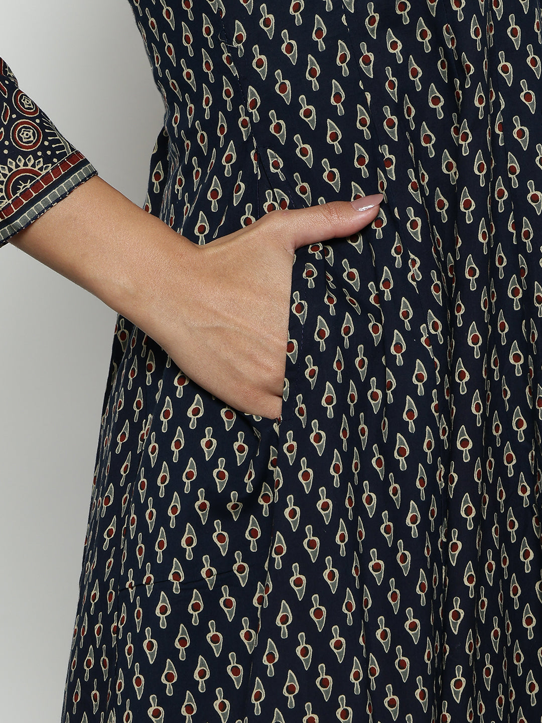 Navy Blue Ajrak Anarakali Cotton Stitched Kurta, Palazzo With Dupatta